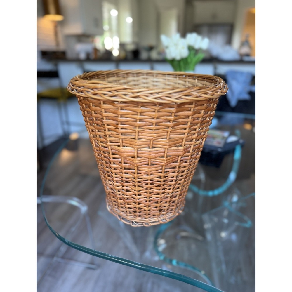 Vintage Wicker Rattan Woven Waste Basket Trash Boho Farmhouse Plant Planter